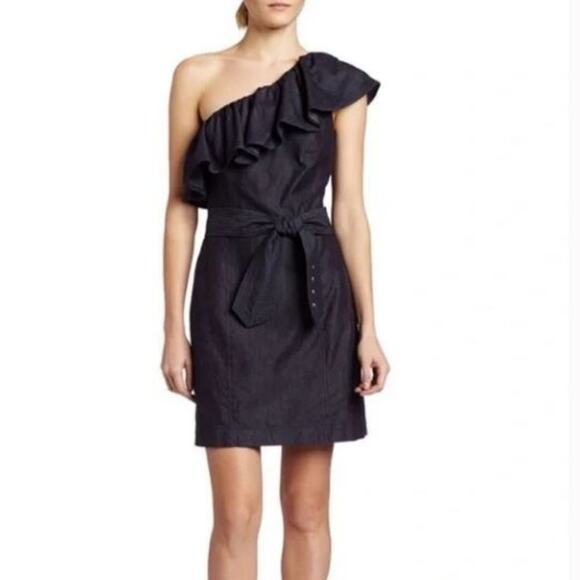 Trina Turk One Shoulder Ruffle Collar Brushed Denim Mini Shirt Dress Lyocell Y2K - Picture 1 of 5